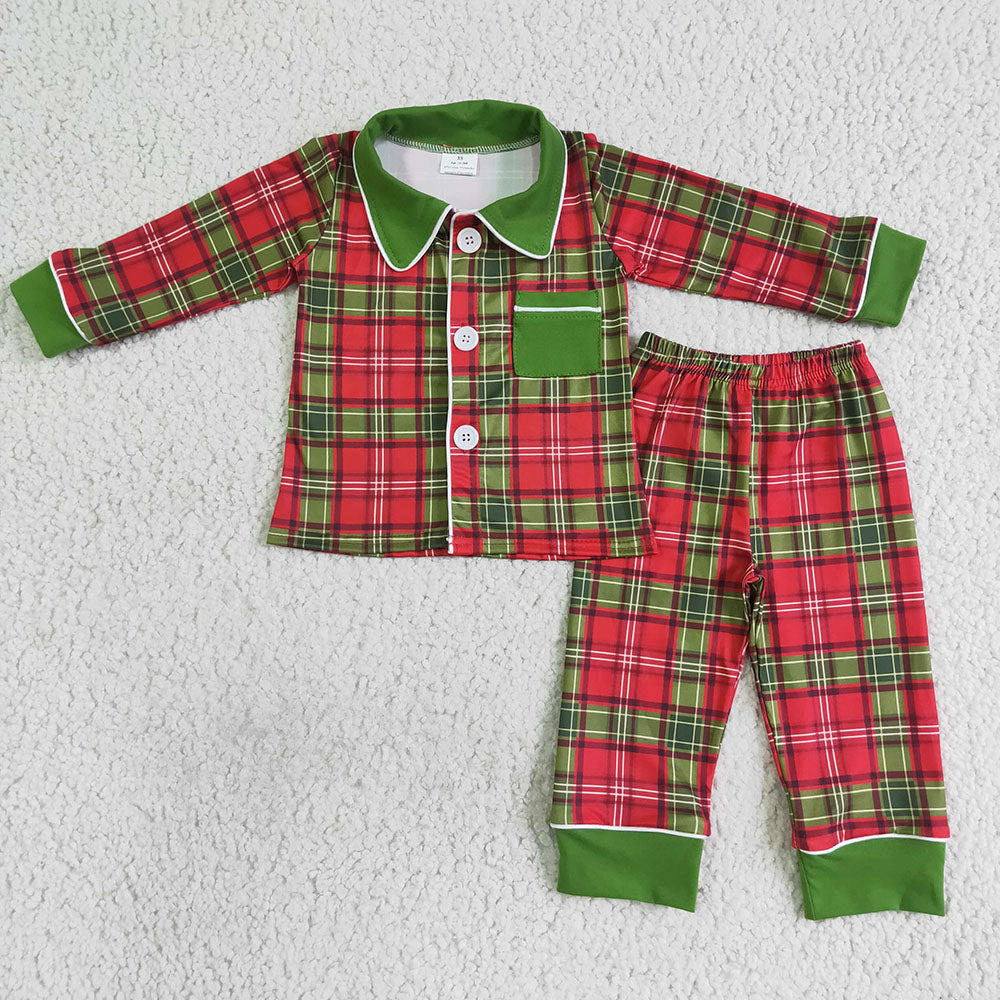 Baby boys Christmas red green plaid pajamas sets