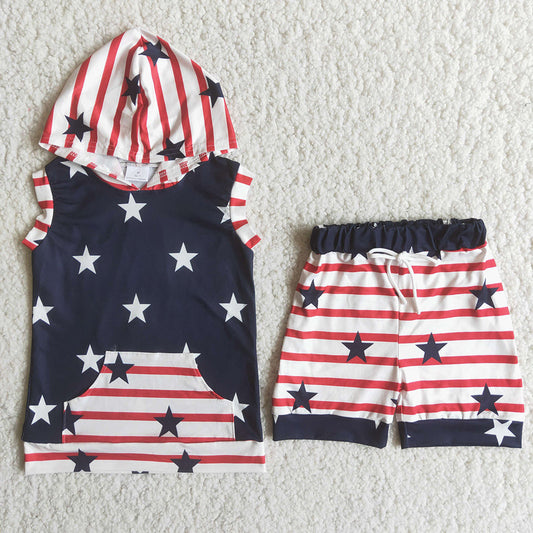 4th of July boys hoodie top star stripe red shorts sets