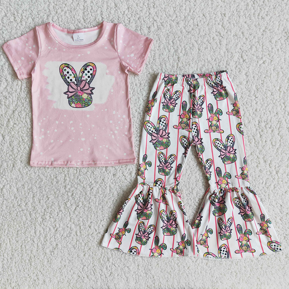 Baby girls pink easter bunny bell pants sets