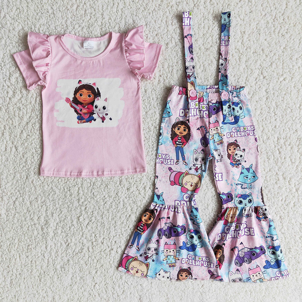 Baby Girls cartoon pink suspender pants outfits clothing sets