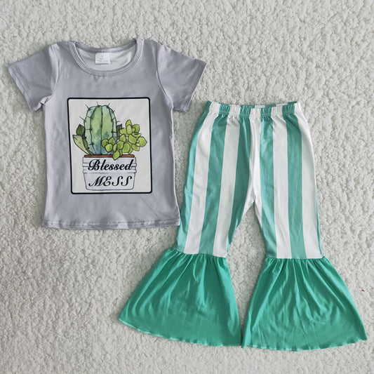 Baby Girls blessed mess cactus stripe bell pants sets