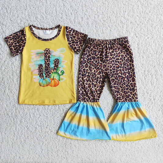 Yellow shirt top cactus bell bottom pants sets