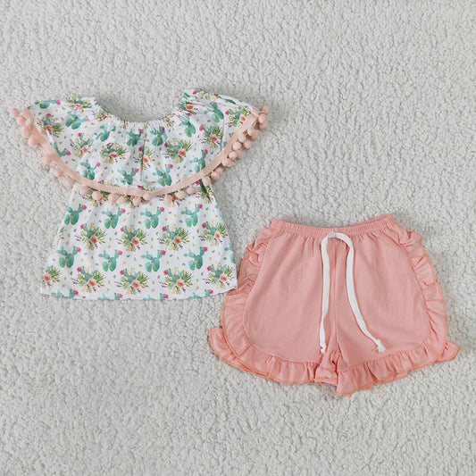 Baby girls pink cactus ruffle shorts summer sets