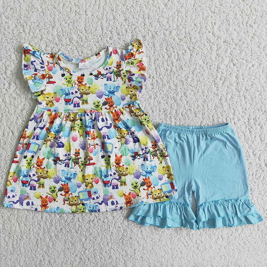 Cartoon animals ruffles shorts set