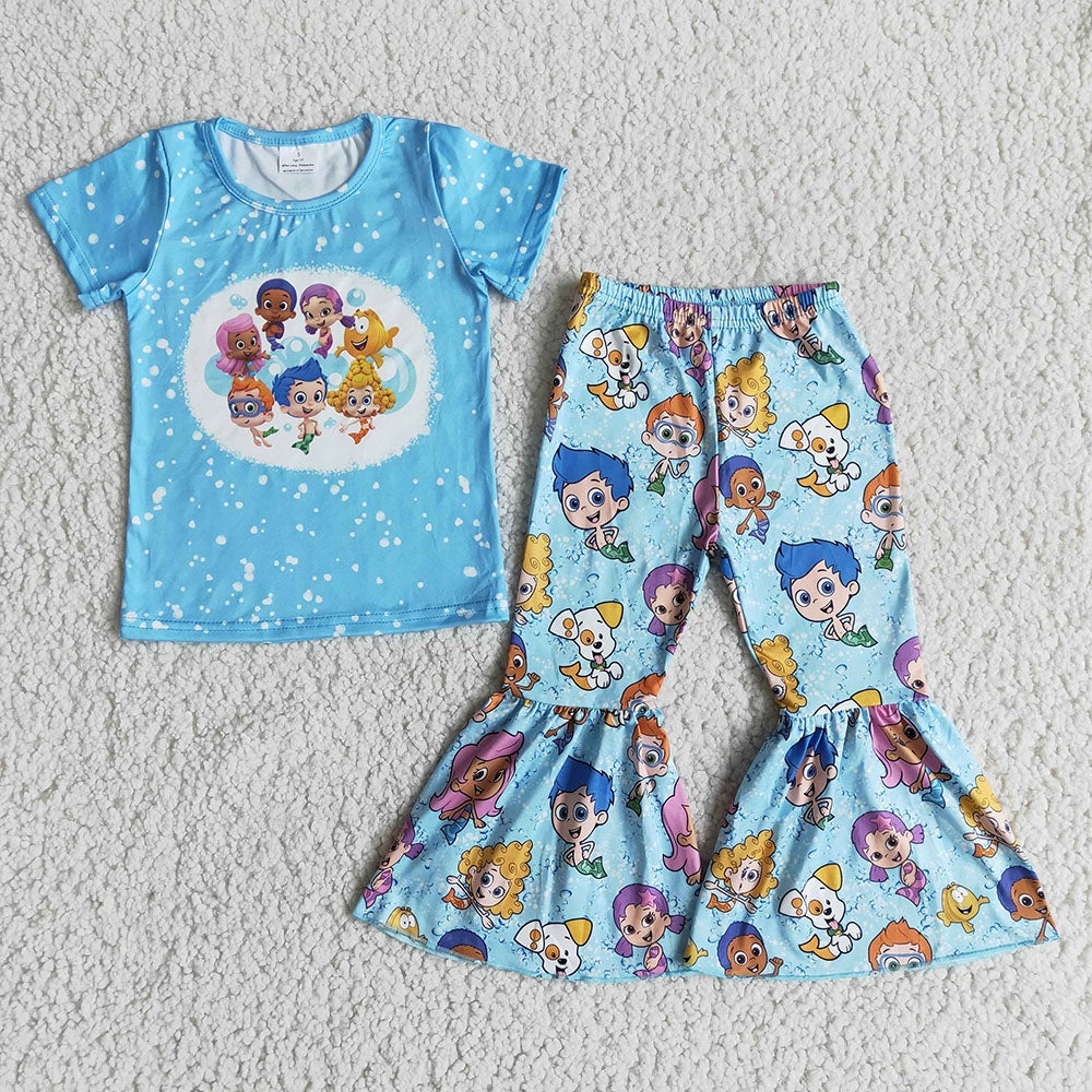 B0-26 Baby girls blue color cartoon bleached bell pants clothing sets