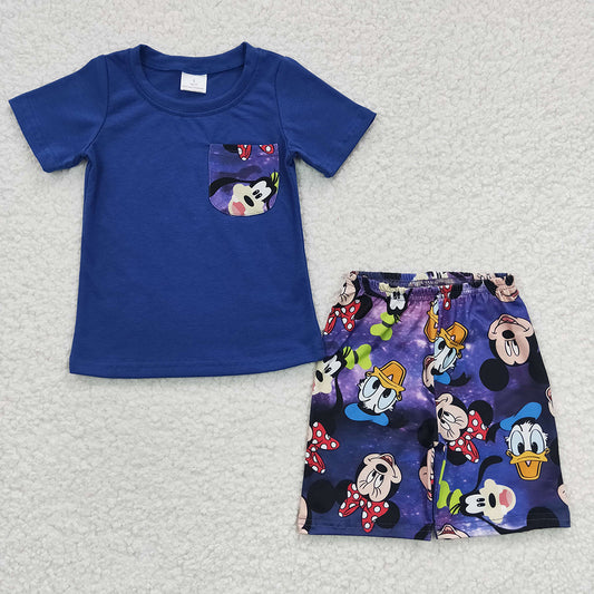 Baby Boys Blue Color Cartoon Pockets Shorts Clothes Sets