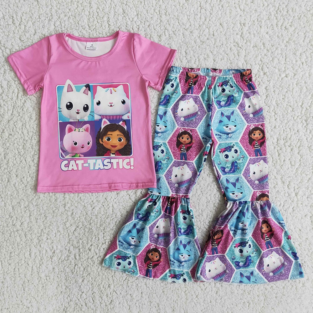 Baby girls cat cartoon pink color bell bottom pants clothing sets