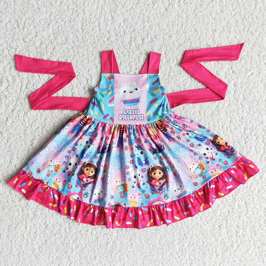 Baby girls cartoon cat twirl design knee length dresses