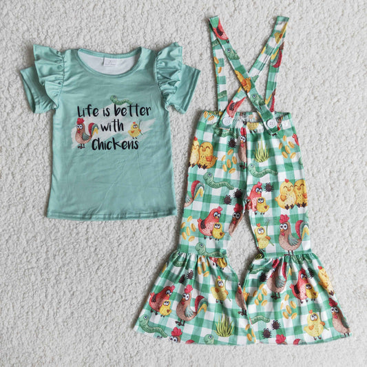 Baby girls chicken farm suspender pants sets