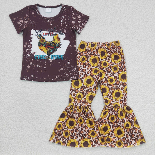 Baby Girls Chicken Sunflowers Bell Bottom Pants Clothes Sets