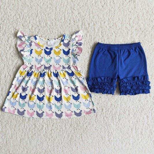 Chicken blue ruffles shorts set