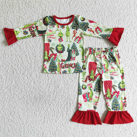 Christmas baby girls green tree pajamas legging sets