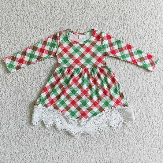 Baby girls Christmas green red plaid lace dresses