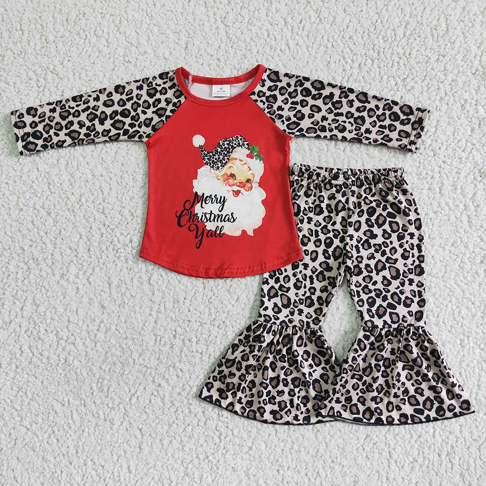 Kids Christmas winter santa leopard bell pants sets