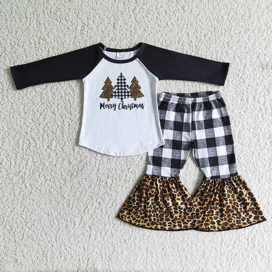 Baby girls Christmas tree plaid leopard bell pants sets