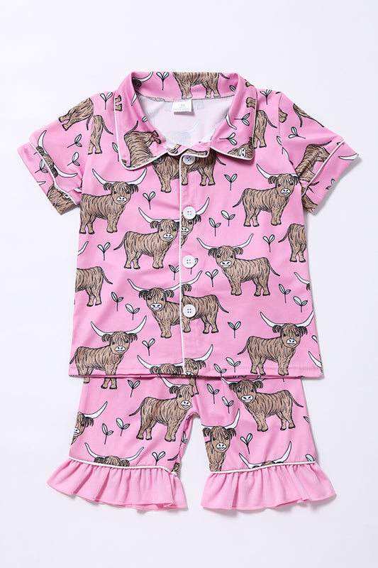 Children Western Pink highland cow summer pajamas