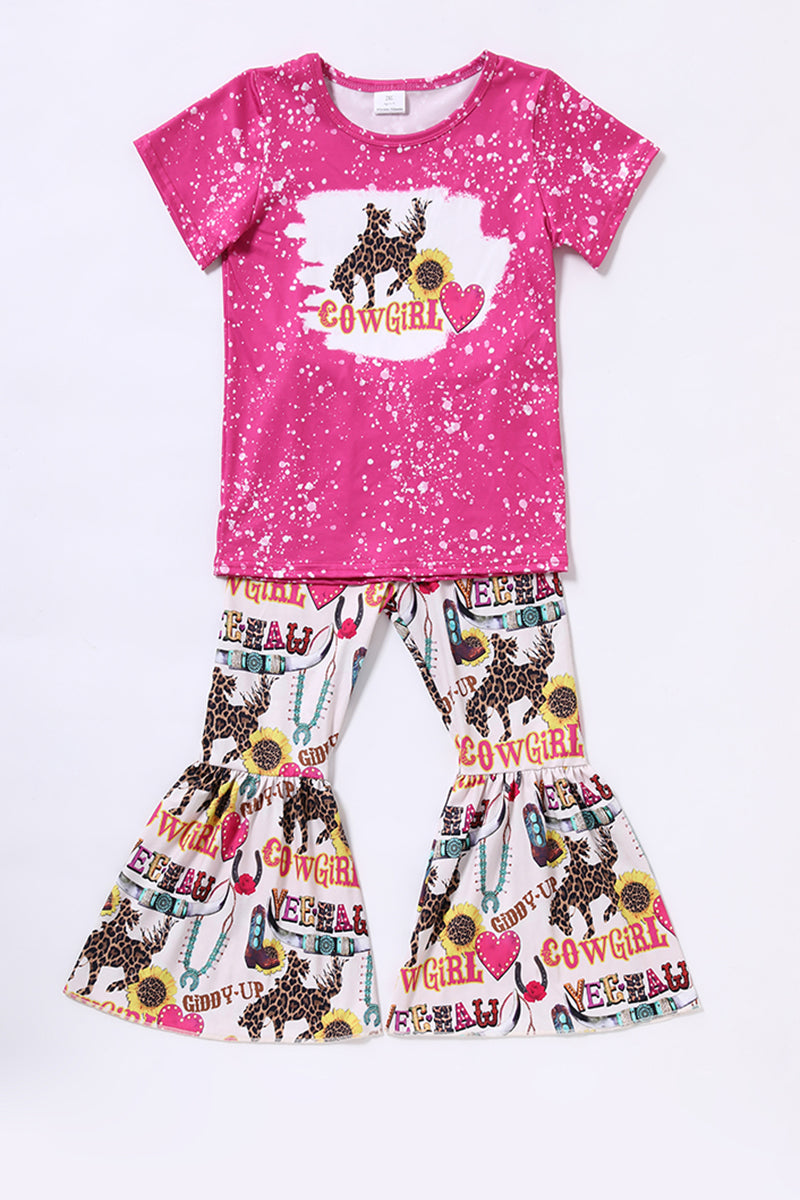 Kids cowgirl hotpink bell pants sets