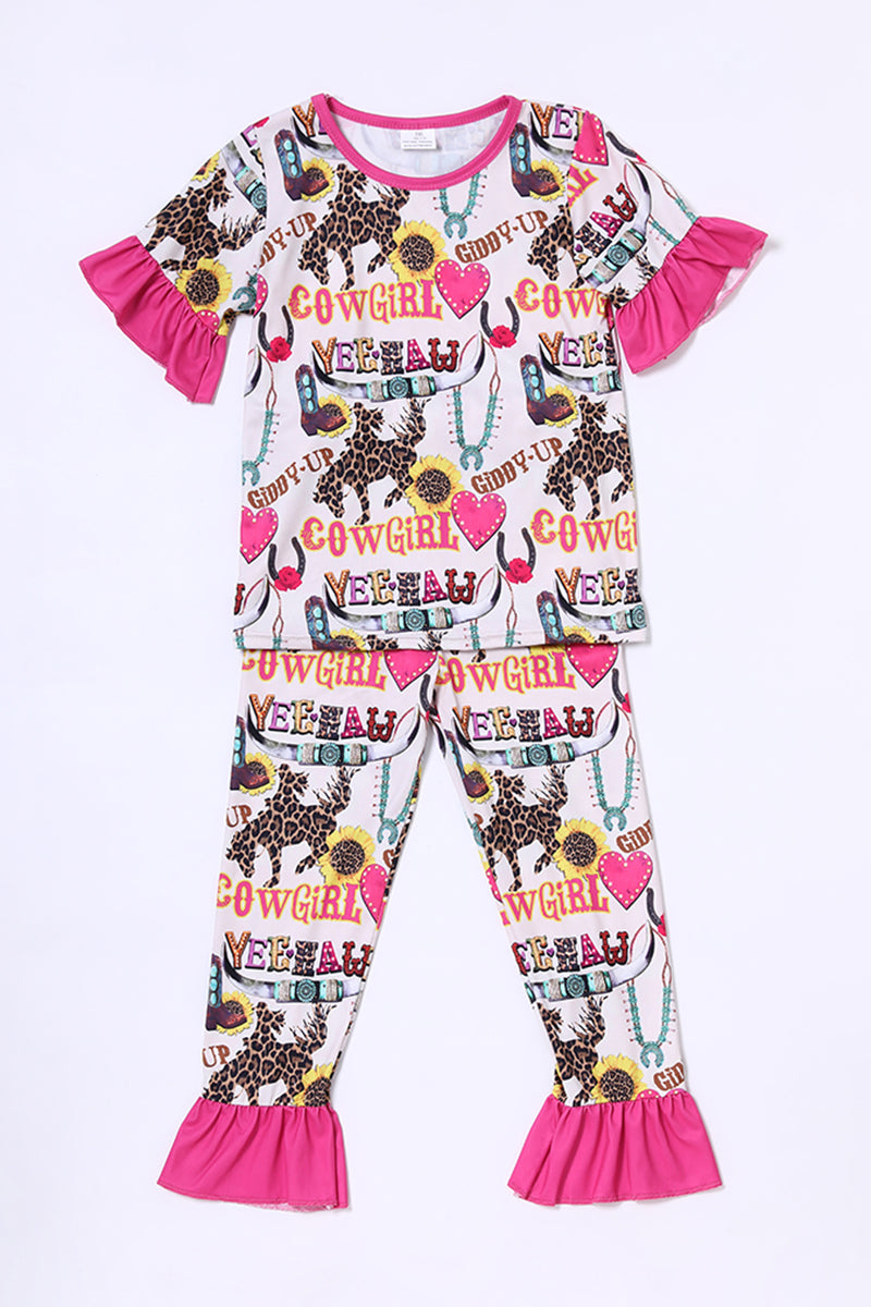 Children kids girls ruffle cowgirl pajamas sets