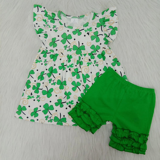 Green clover ruffles shorts set