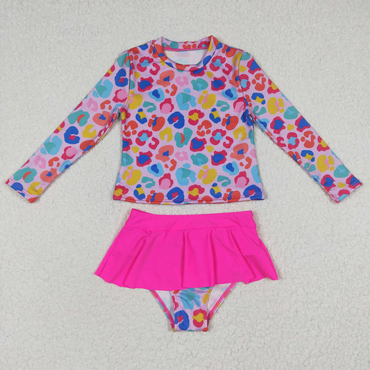Baby Girls Colorful Leopard Long Sleeve Two Pieces Swimsuits