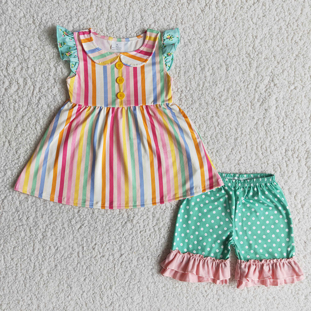Baby girls summer colorful stripe coral ruffle shorts sets
