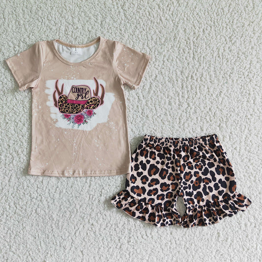 Baby girls western brown leopard summer shorts sets