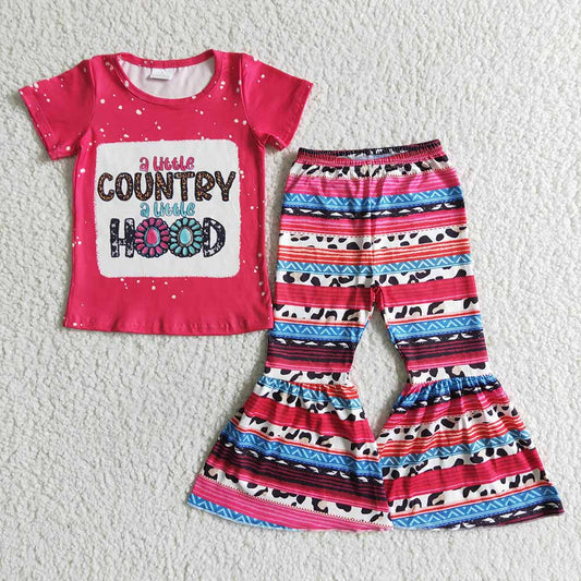 Baby girls western country hood hotpink bell pants clothing sets
