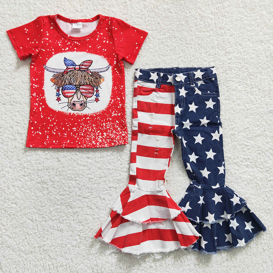 Baby Girls July 4th Star Bell Denim Pants Clothes Sets