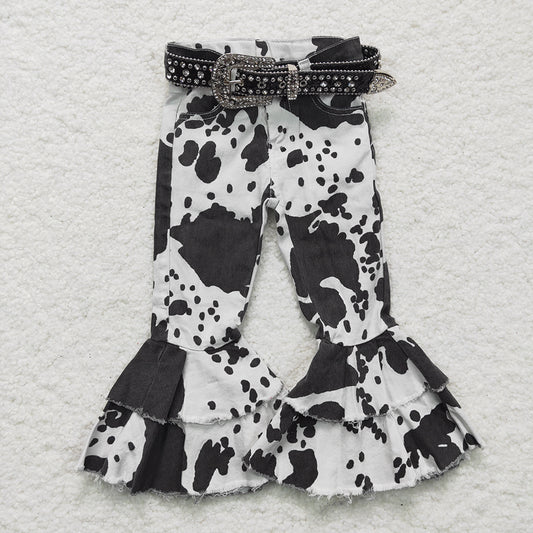 Kids Cow Print Children Doubel Ruffle Denim Jeans (can choose belt here)