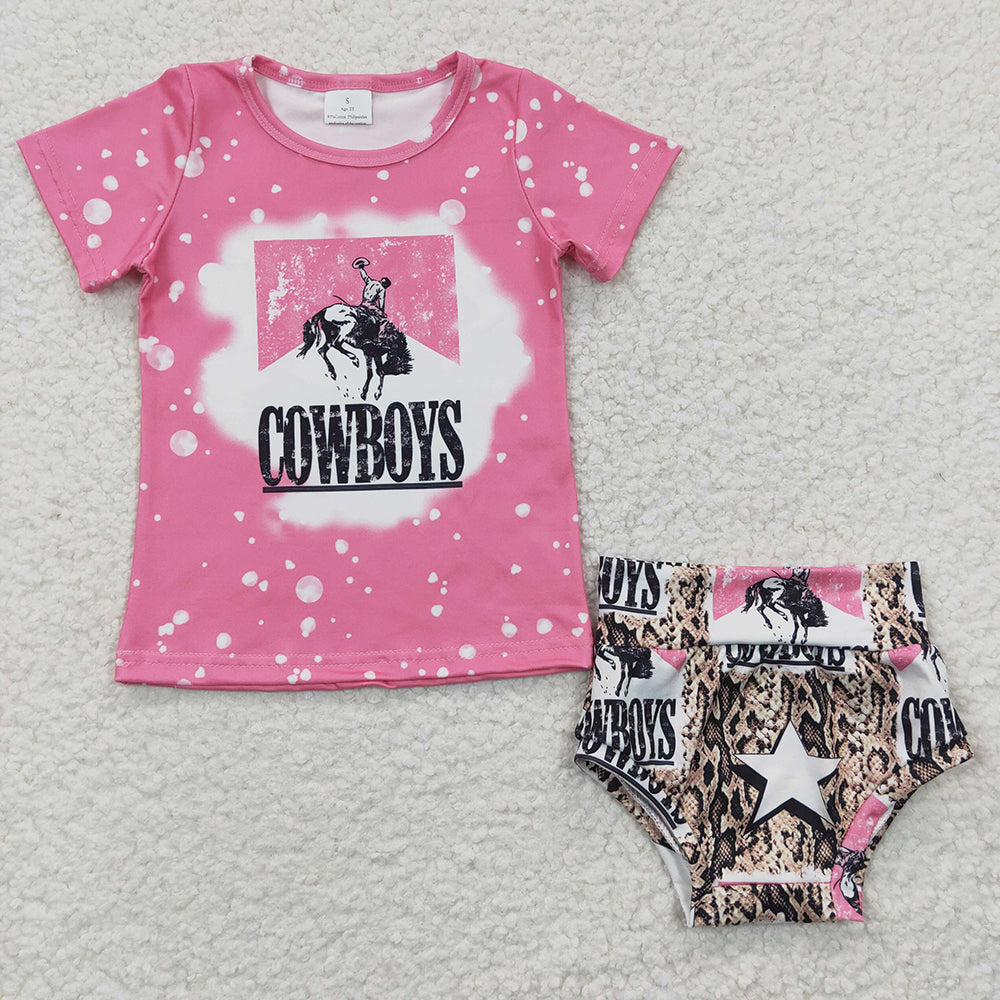 Baby Girls Pink Cowboys Tops Star Bummie Sets