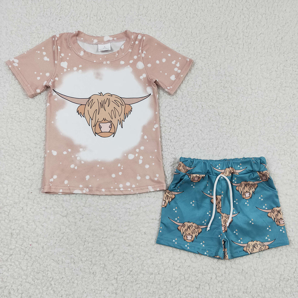 Baby Boys Khaki Highland Cow Summer Shorts Sets