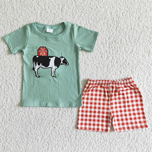 Baby boys summer farm cow shorts shorts sets(embroidered)