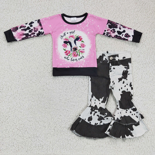 Baby Girls Flower Cow Shirt Denim Pants clothes sets