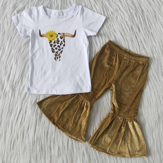 Cow skull golden bell bottom pants sets