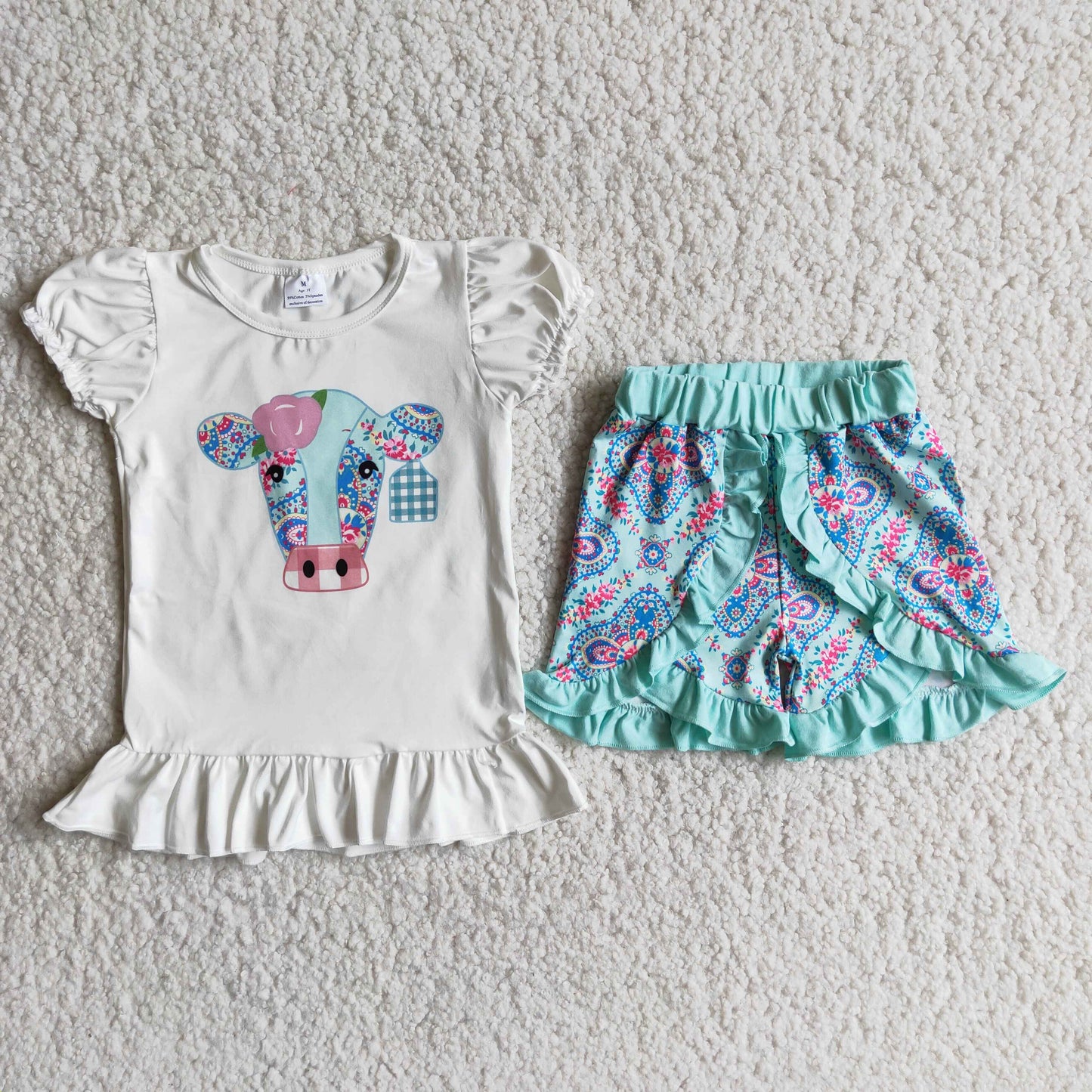 Baby girls summer western green cow ruffle shorts sets