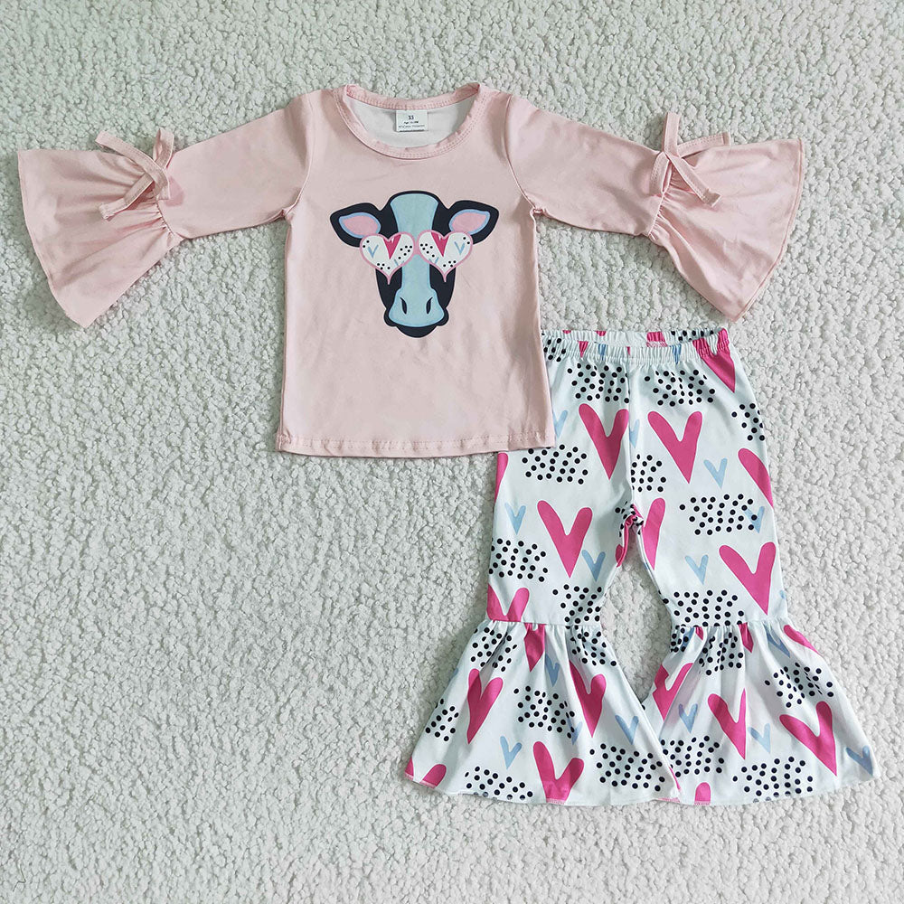 Baby girls cow heart bell pants clothes sets