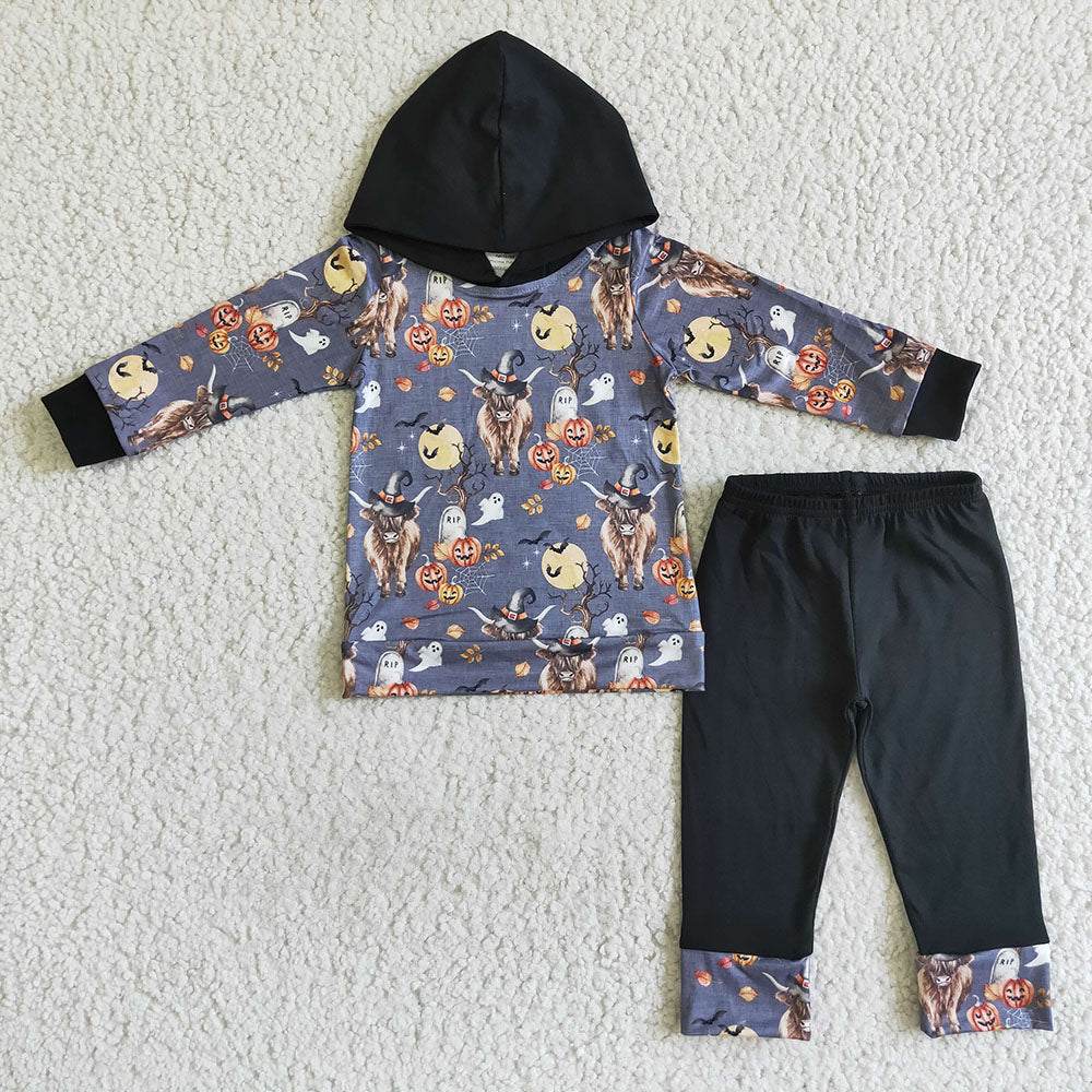 Baby boys fall cow pumpkin hooded pants sets