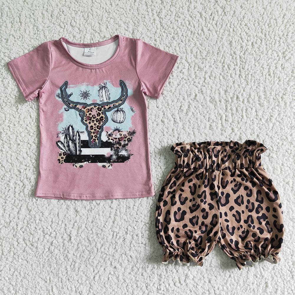 Baby girls cow skull leopard summer shorts sets