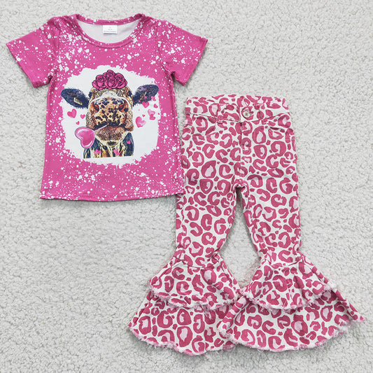 Baby girls Western Cow pink leopard denim pants clothes sets
