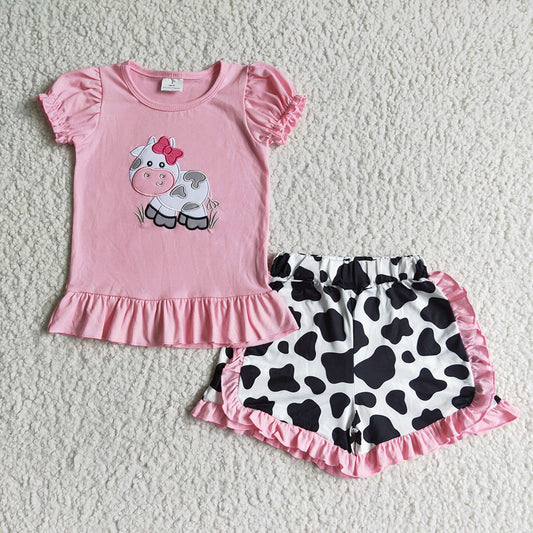 Baby girls pink cow ruffle shorts sets