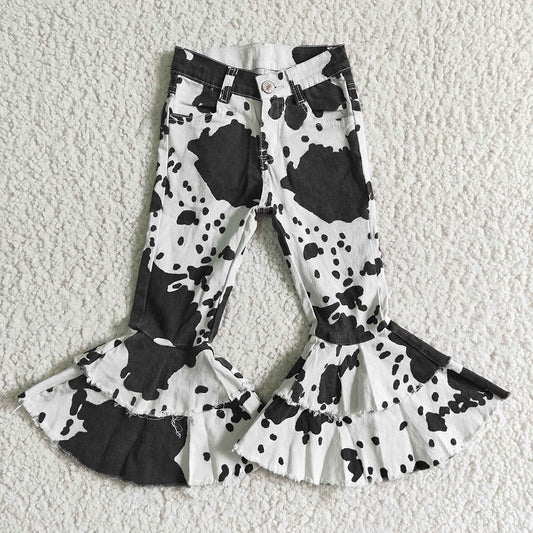 Baby girls cow print denim double ruffle bell pants