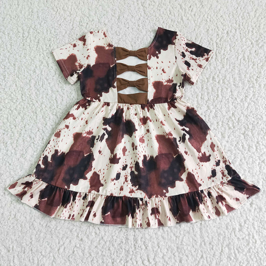 Baby girls summer cow print bow knee length dresses