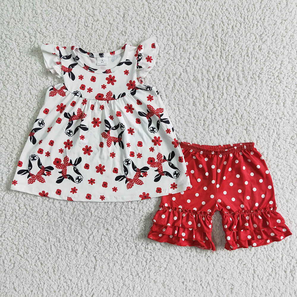 Children cow red bow pearl tunic ruffle shorts sets