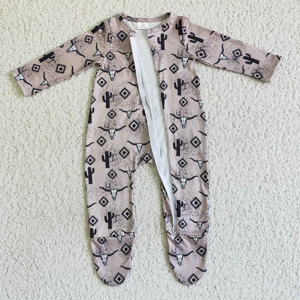 Baby kids long sleeve cow cactus zip fall rompers