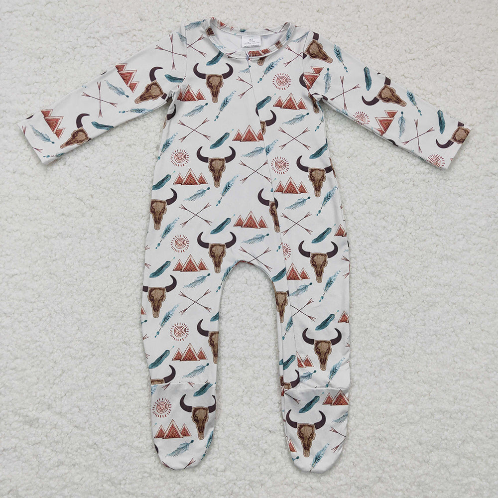 Baby boys western cow zip footie rompers