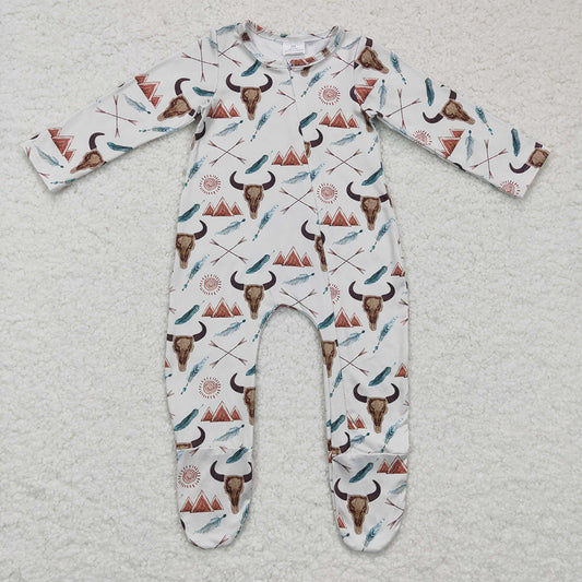 Baby boys western cow zip footie rompers