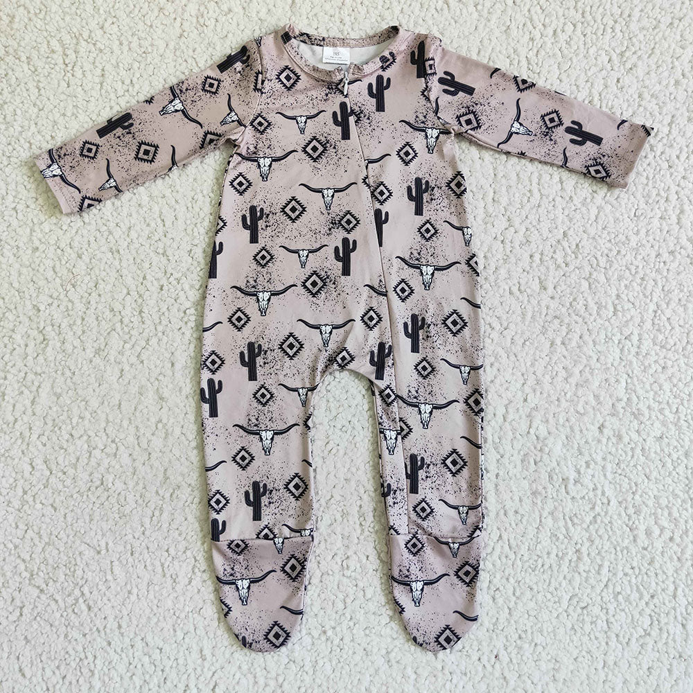 Baby kids long sleeve cow cactus zip fall rompers