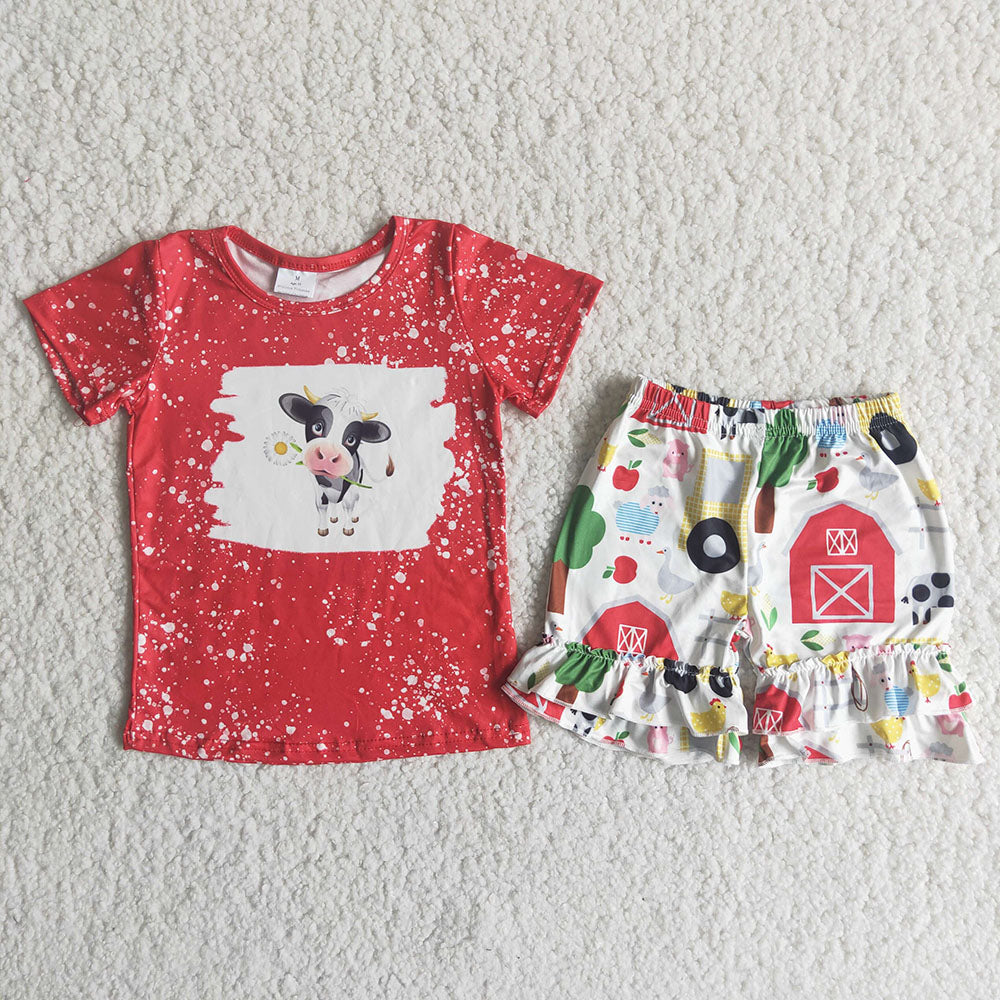 Red T-shirt cow exquisite ruffles Shorts sets