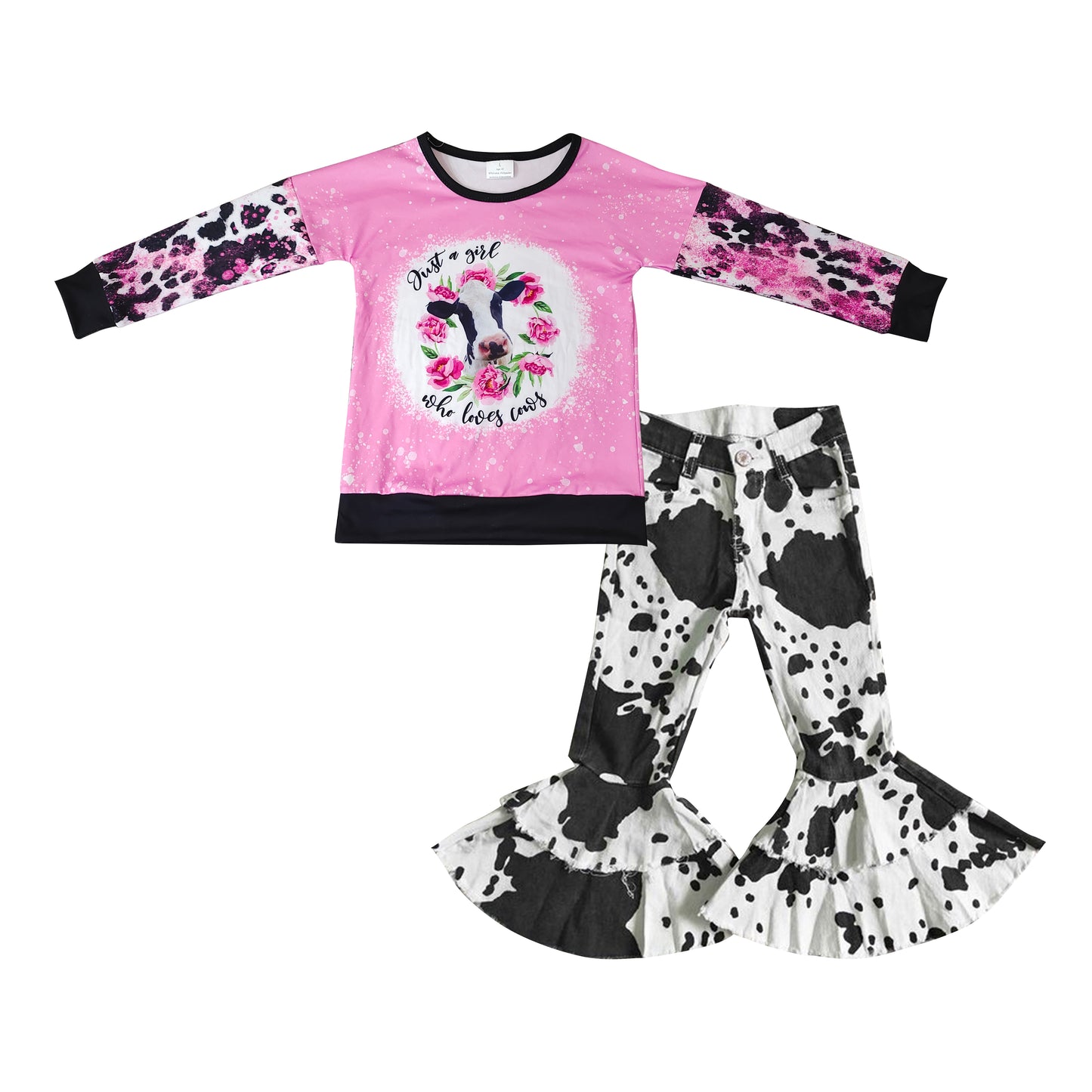 Baby Girls Flower Cow Shirt Denim Pants clothes sets