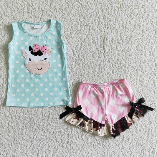 Baby girls cow embroidered ruffle shorts sets